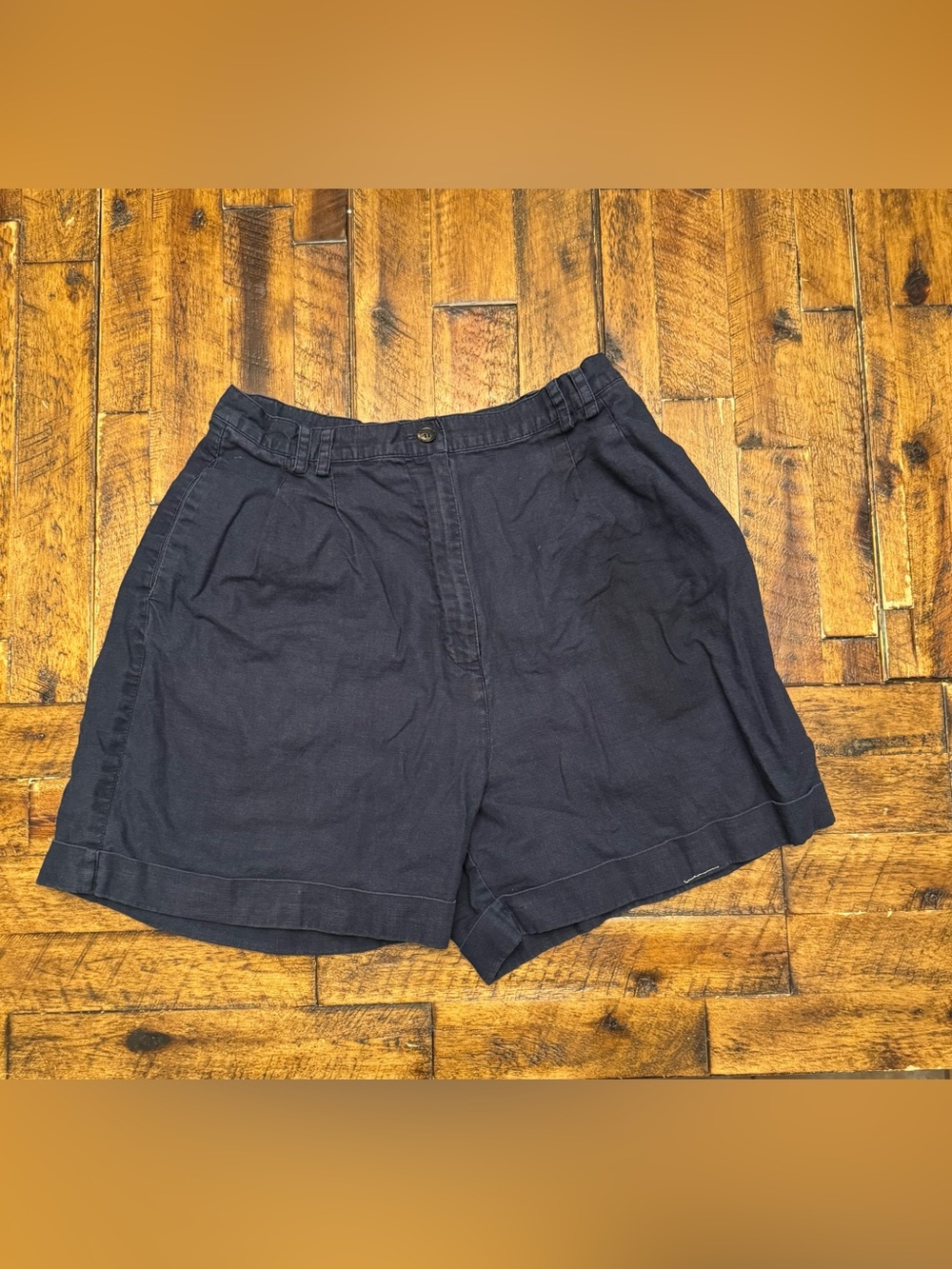 Vintage Rafaella High Waisted Pleated Shorts Navy Blue Linen Blend Cuffed 12